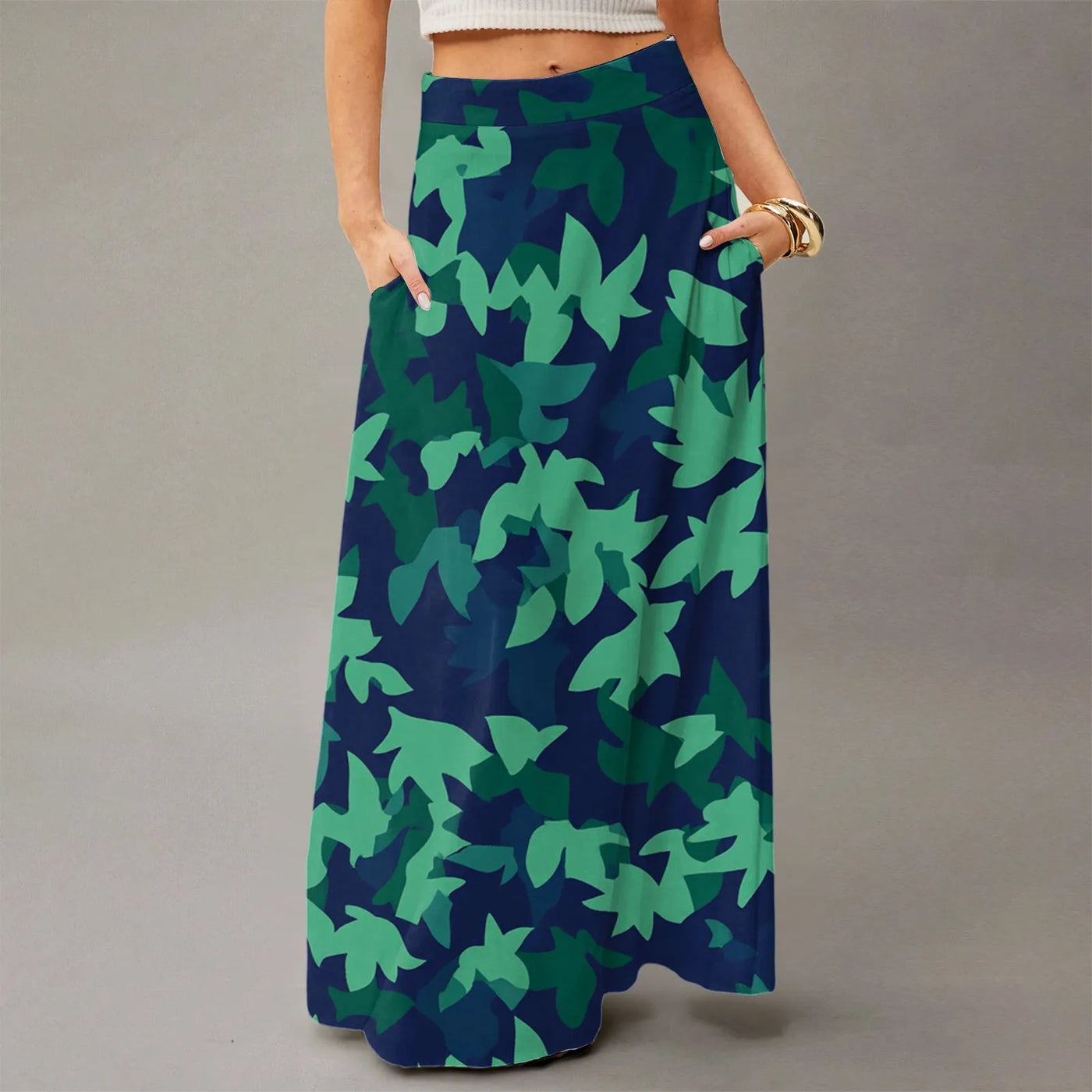 Summer casual skirt for women high waisted stretch printed skirt with pockets loose flowing long skirts fashion beach skirt