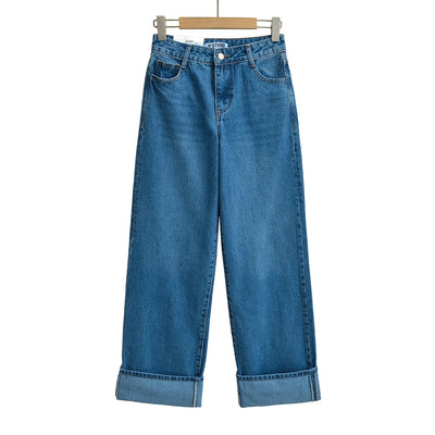 Wide-Leg Cuffed Denim Jeans – Classic High-Waisted Casual Fit in Multiple Washes
