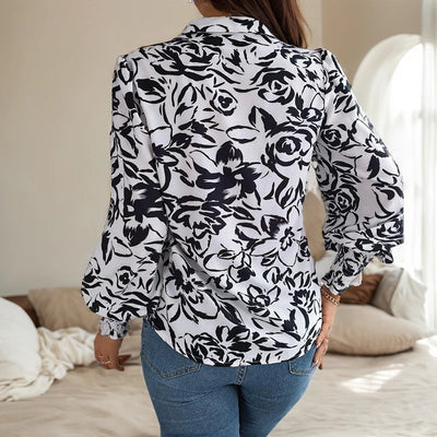 Casual Streetwear Top for Women Summer Elegant Flower Printed Lantern Sleeve Shirt Fashion Lapel Long Sleeved Button Blouses