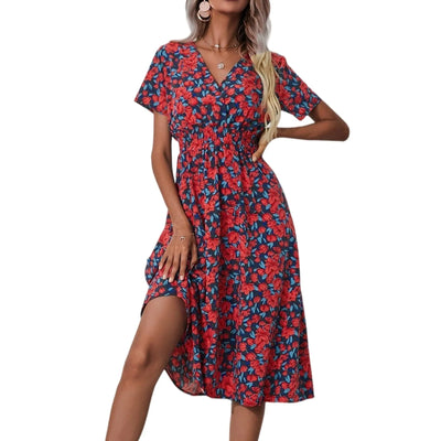 Casual small floral printed dresses for women v-neck short sleeve slim waist dress elegant and fashionable women's dress