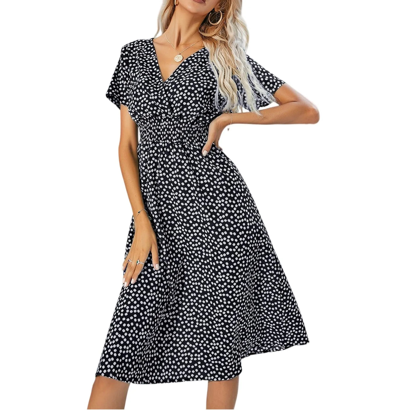 Casual small floral printed dresses for women v-neck short sleeve slim waist dress elegant and fashionable women's dress