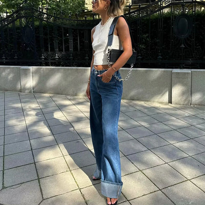 Wide-Leg Cuffed Denim Jeans – Classic High-Waisted Casual Fit in Multiple Washes