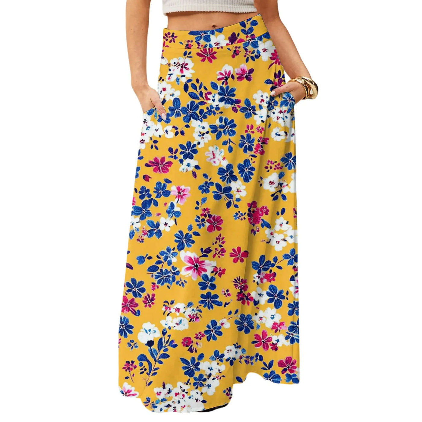 Summer casual skirt for women high waisted stretch printed skirt with pockets loose flowing long skirts fashion beach skirt