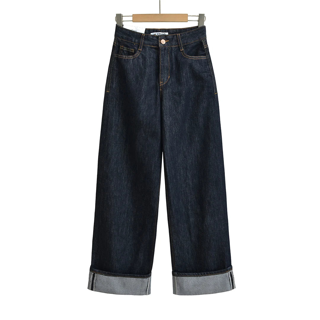 Wide-Leg Cuffed Denim Jeans – Classic High-Waisted Casual Fit in Multiple Washes