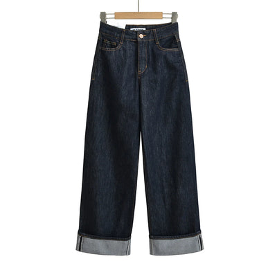 Wide-Leg Cuffed Denim Jeans – Classic High-Waisted Casual Fit in Multiple Washes