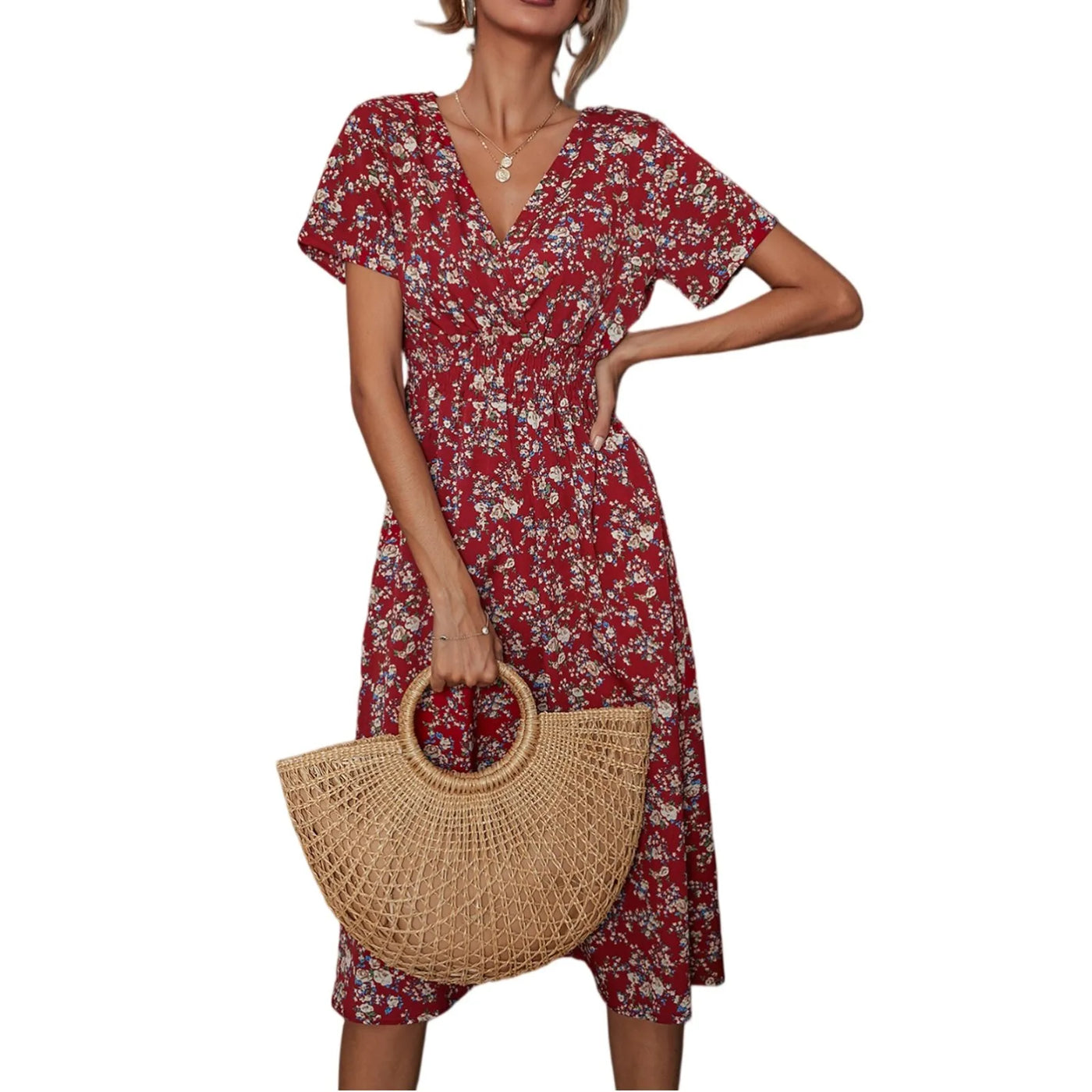 Casual small floral printed dresses for women v-neck short sleeve slim waist dress elegant and fashionable women's dress