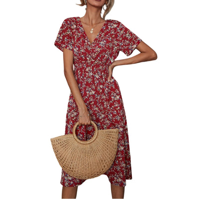 Casual small floral printed dresses for women v-neck short sleeve slim waist dress elegant and fashionable women's dress