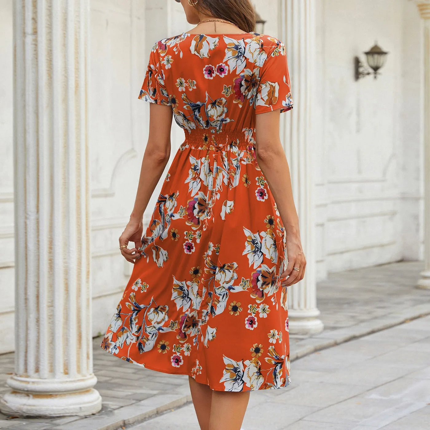Casual small floral printed dresses for women v-neck short sleeve slim waist dress elegant and fashionable women's dress