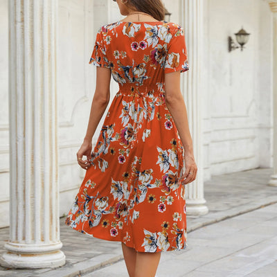 Casual small floral printed dresses for women v-neck short sleeve slim waist dress elegant and fashionable women's dress