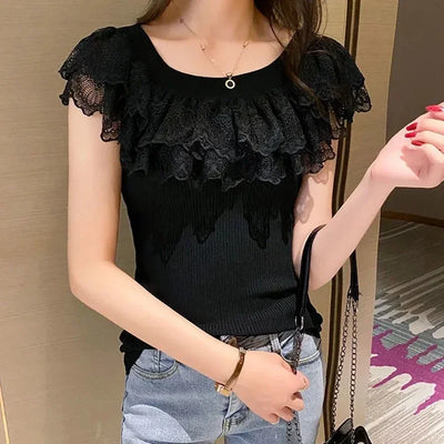 Casual Summer Lace Tops T-shirts Women 2024 Fashion Elastic White Black Purple Top Sexy Ladies Kawaii T Shirts Korean Clothes