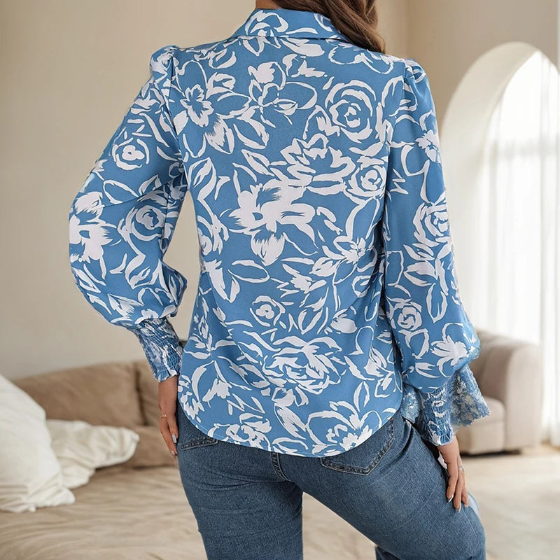 Casual Streetwear Top for Women Summer Elegant Flower Printed Lantern Sleeve Shirt Fashion Lapel Long Sleeved Button Blouses