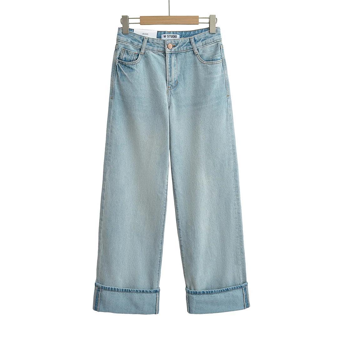Wide-Leg Cuffed Denim Jeans – Classic High-Waisted Casual Fit in Multiple Washes