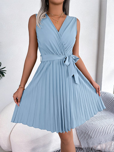 Casual V Neck Solid Sleeveless Versatile Pleated Dress, Women's Clothing