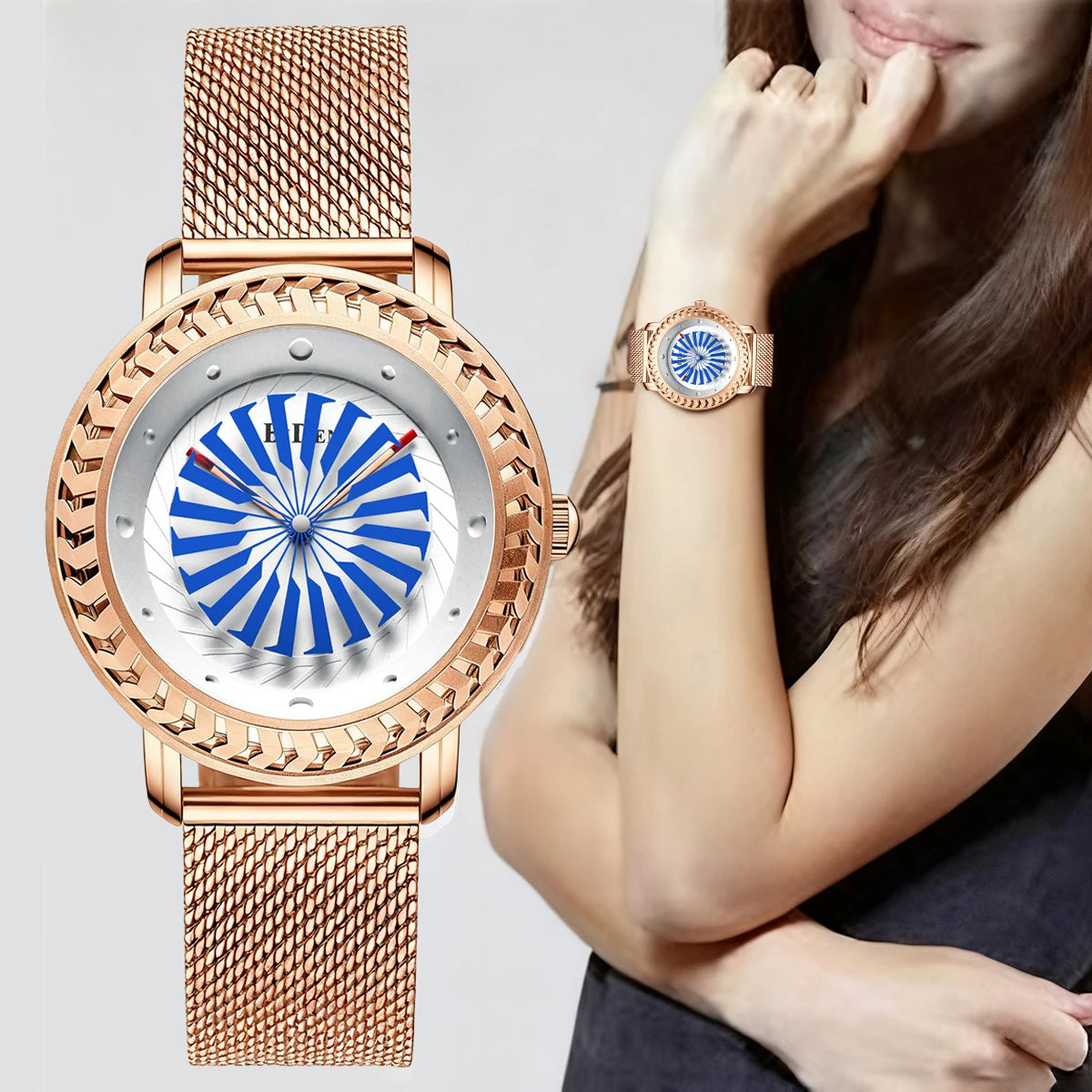 Women's watch, creatively designed fashionable watch, personalized windmill second hand, women's casual waterproof quartz watch