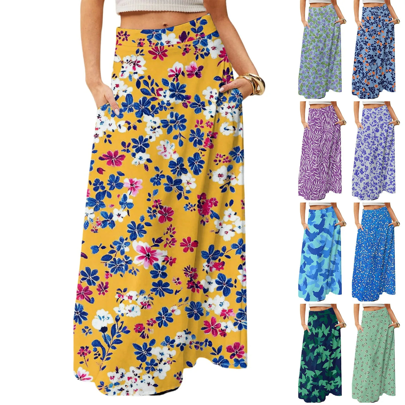 Summer casual skirt for women high waisted stretch printed skirt with pockets loose flowing long skirts fashion beach skirt
