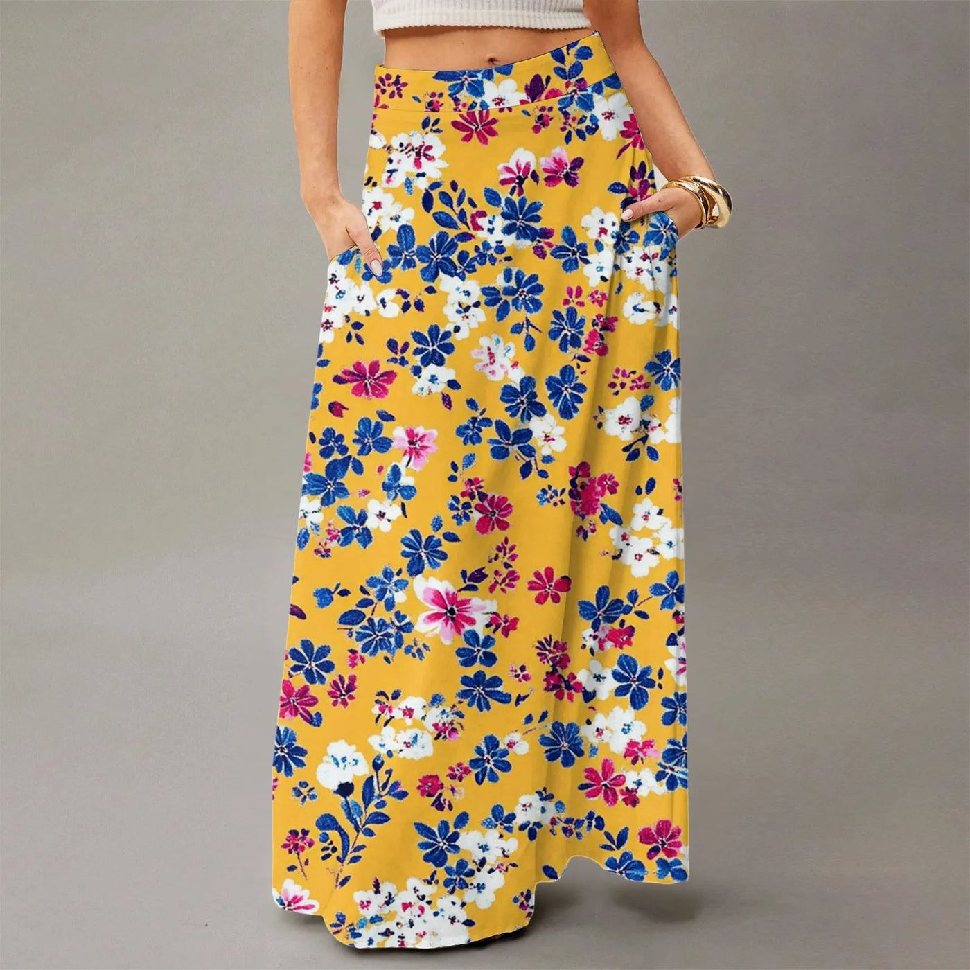 Summer casual skirt for women high waisted stretch printed skirt with pockets loose flowing long skirts fashion beach skirt