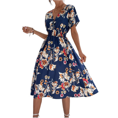 Casual small floral printed dresses for women v-neck short sleeve slim waist dress elegant and fashionable women's dress