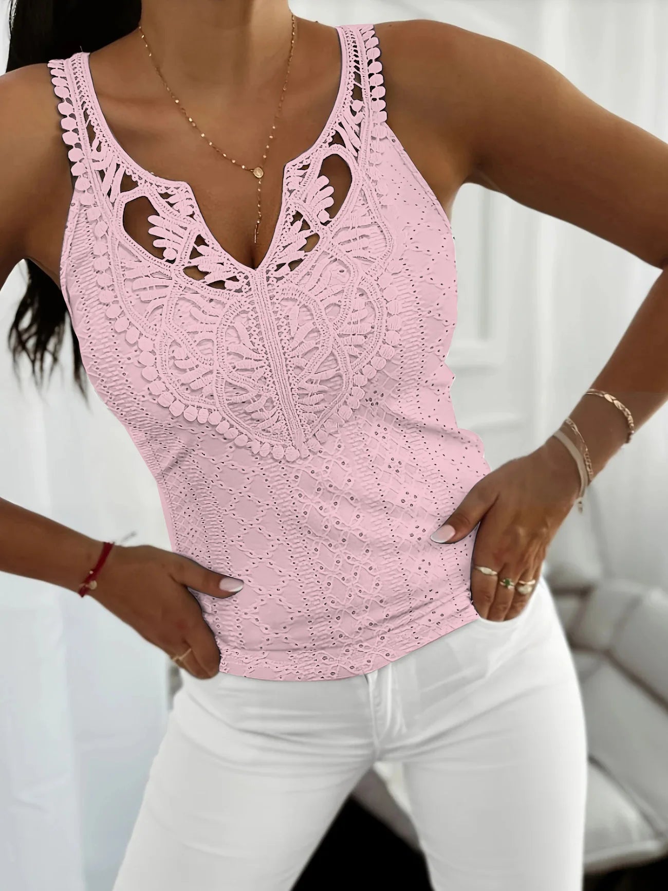 Casual Sleeveless Lace Tops For Woman Summer 2025 Fashion Ladies White Sling Slim V-neck Tank Top Tees Elegant