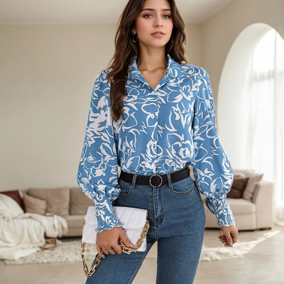 Casual Streetwear Top for Women Summer Elegant Flower Printed Lantern Sleeve Shirt Fashion Lapel Long Sleeved Button Blouses