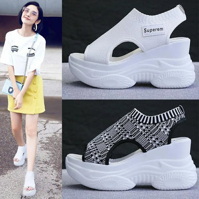 Women's Sandals  Summer Wedge Heel Elastic Cloth Cover Foot Ladies Sandals Thick-soled Fashion Trifle Elevation Casual Shoes