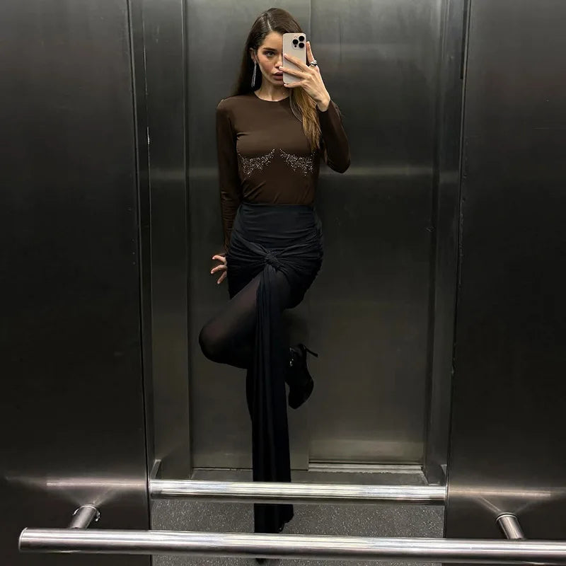 Casual Simple Fashion Street Tops Women'S Autumn New Solid Color Round Neck Hot Drilling Sexy Long Sleeve T-Shirt Tops