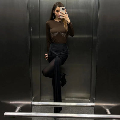 Casual Simple Fashion Street Tops Women'S Autumn New Solid Color Round Neck Hot Drilling Sexy Long Sleeve T-Shirt Tops