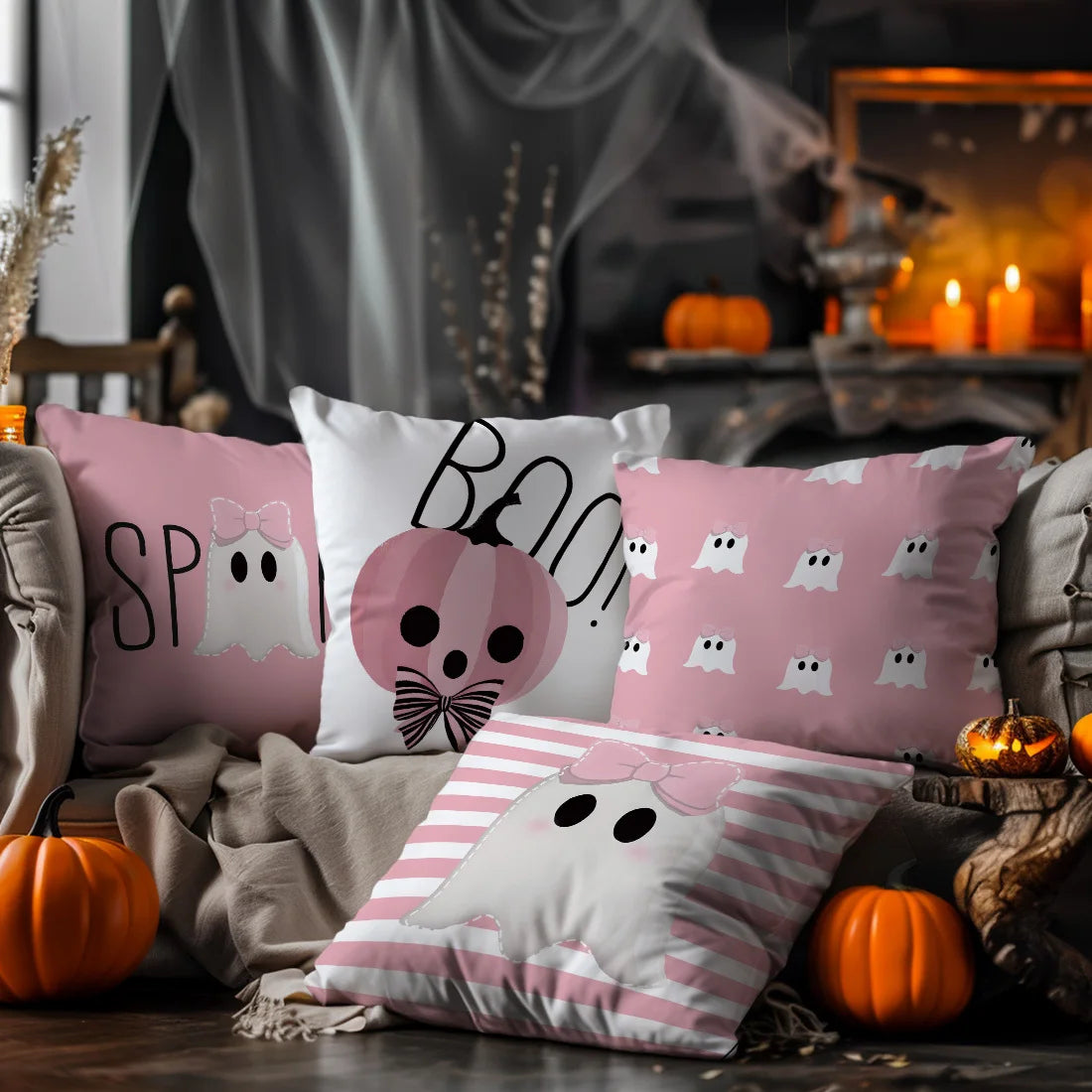 [Halloween Throw Pillow Covers] 4pcs Autumn Halloween Cute Pink Illustration Pillow Covers,Suitable for Living Room Sofa Bedroom